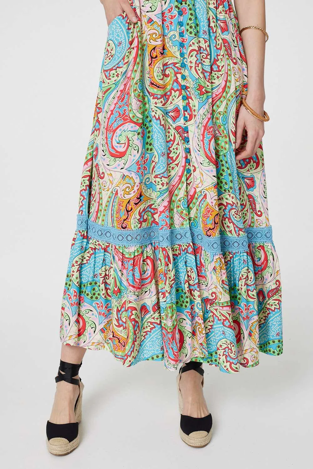 Paisley V-Neck Button Detail Maxi Dress