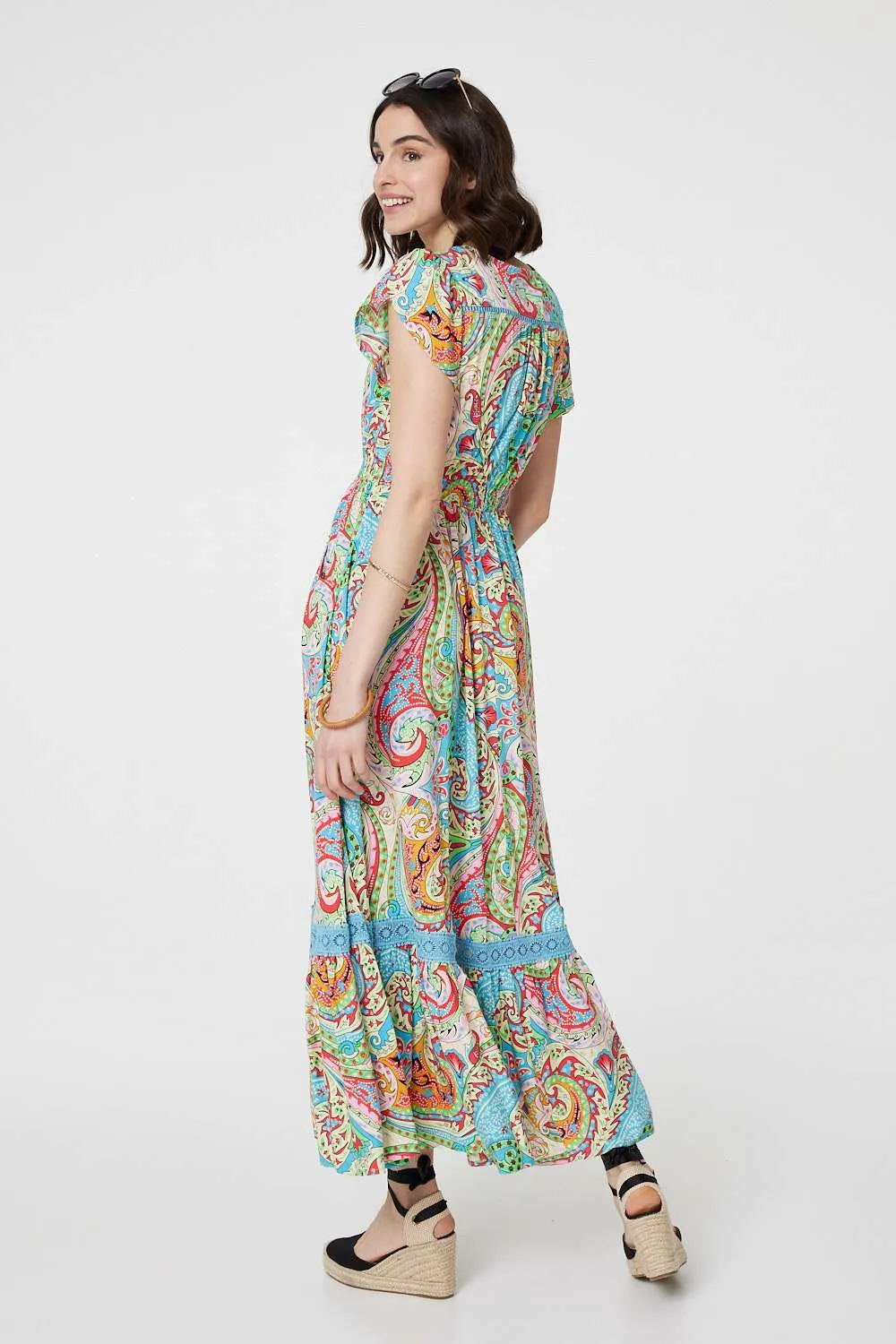 Paisley V-Neck Button Detail Maxi Dress