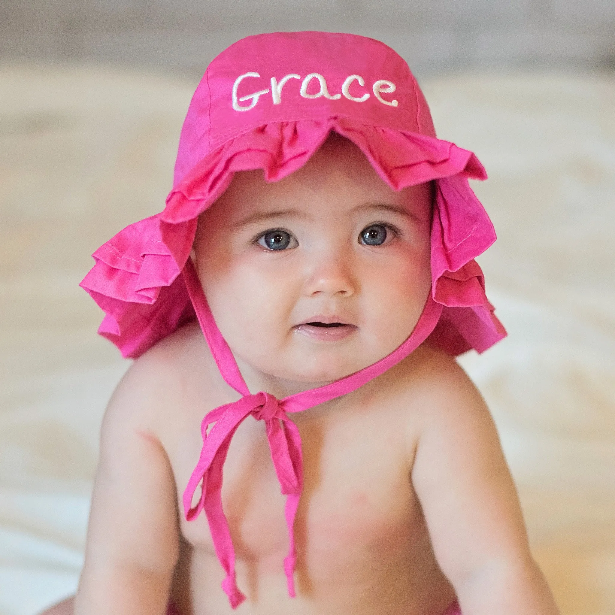 Personalized Hot Pink Baby Sun Hat With Embroidered Double Ruffle Brim & UPF 50  Sun Protection Infant Hat Newborn Summer Hat