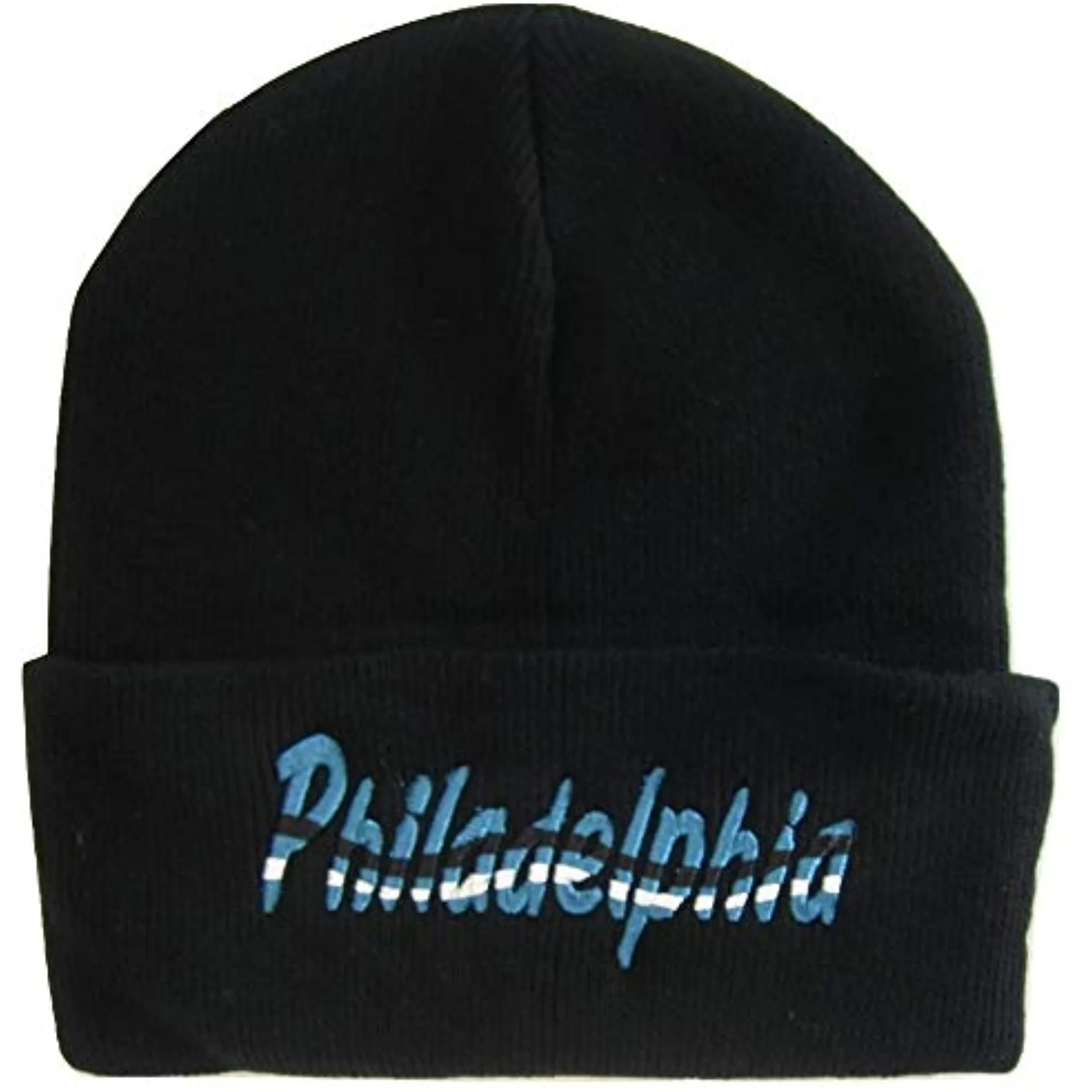 Philadelphia Adult Size Wavy Script Winter Knit Beanie Hat (Black)