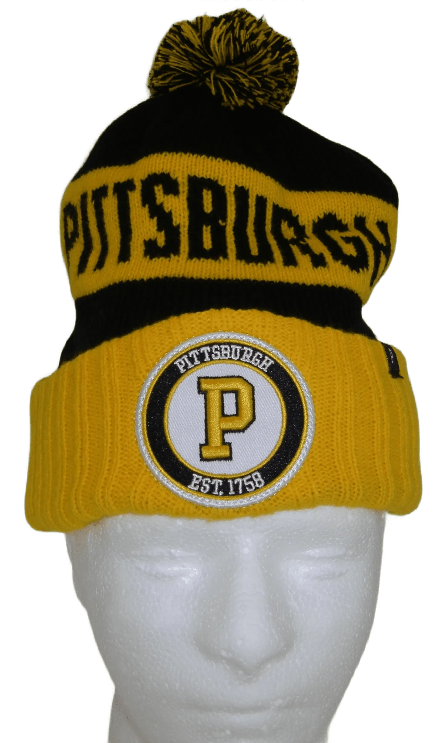 Pittsburgh Men's Blended Stripe Winter Knit Pom Beanie Hat (Black/Gold)