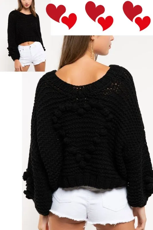 POL 3D Bauble Hearts Crop Chunky Knit Top - Jet Black