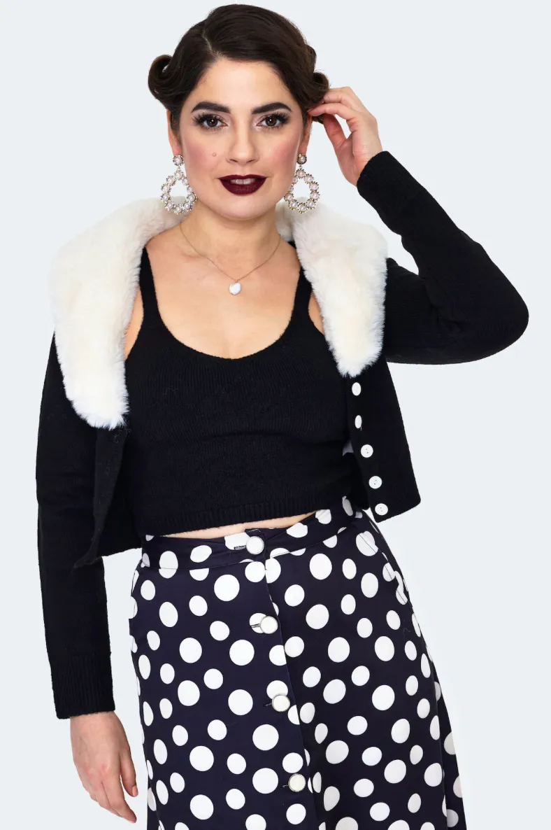 Retro Cream Faux Fur Collar Crop Cardigan