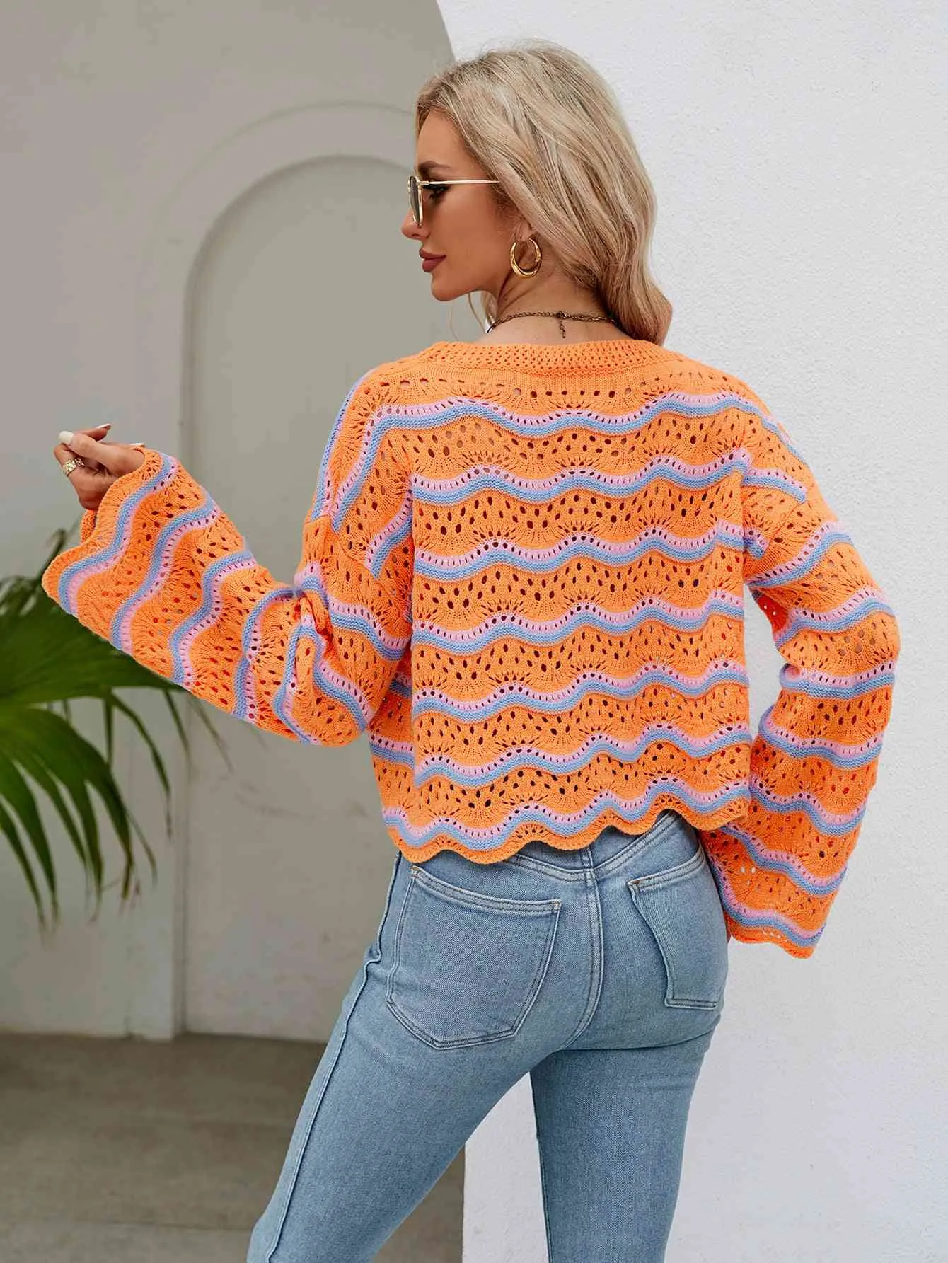 Round Neck Openwork Flare Sleeve Knit Top