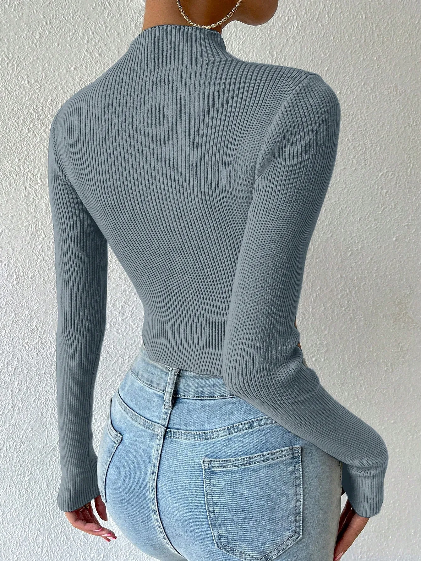 SHEIN Essnce Mock Neck Ribbed Knit Crop Sweater