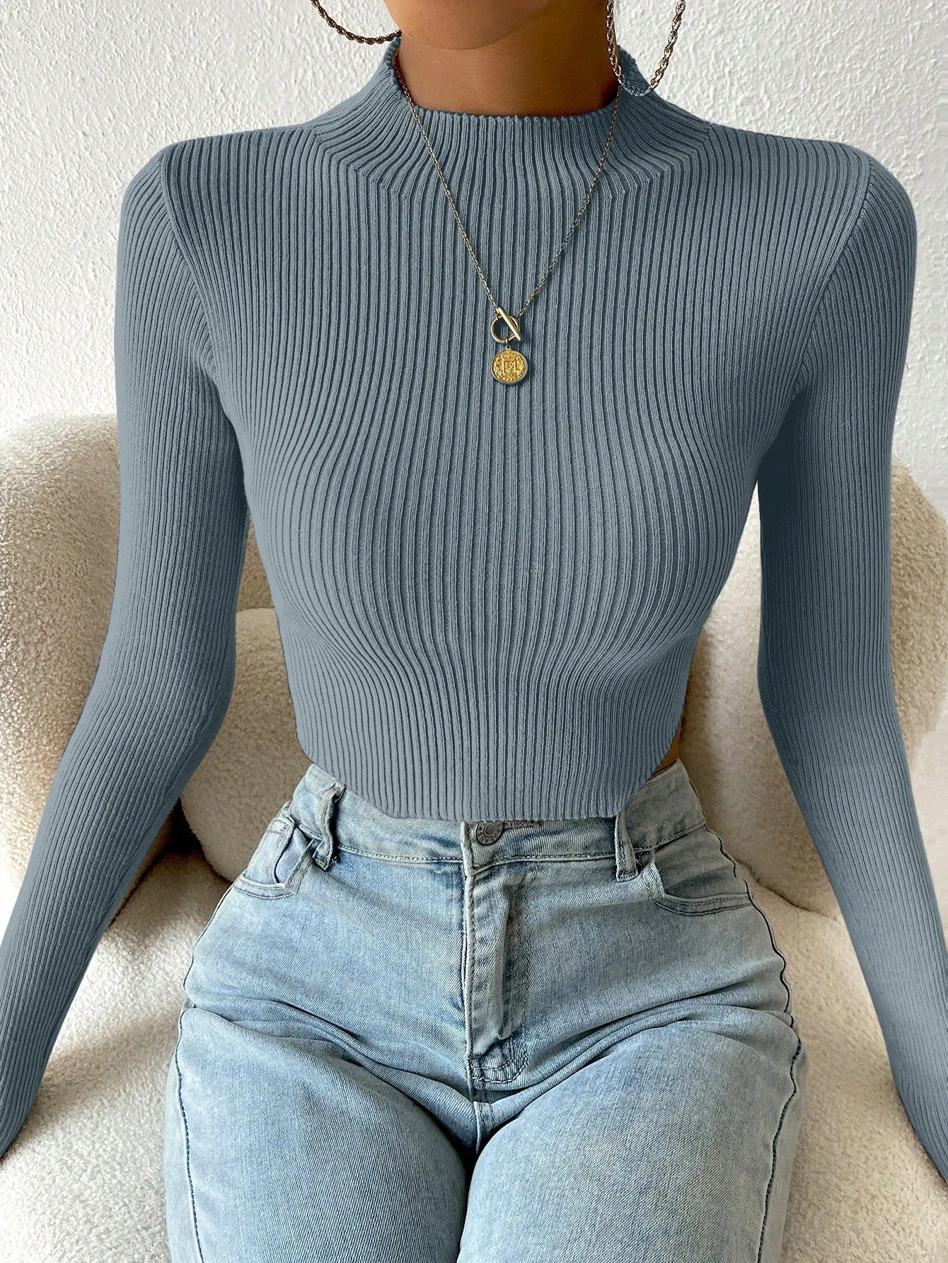 SHEIN Essnce Mock Neck Ribbed Knit Crop Sweater