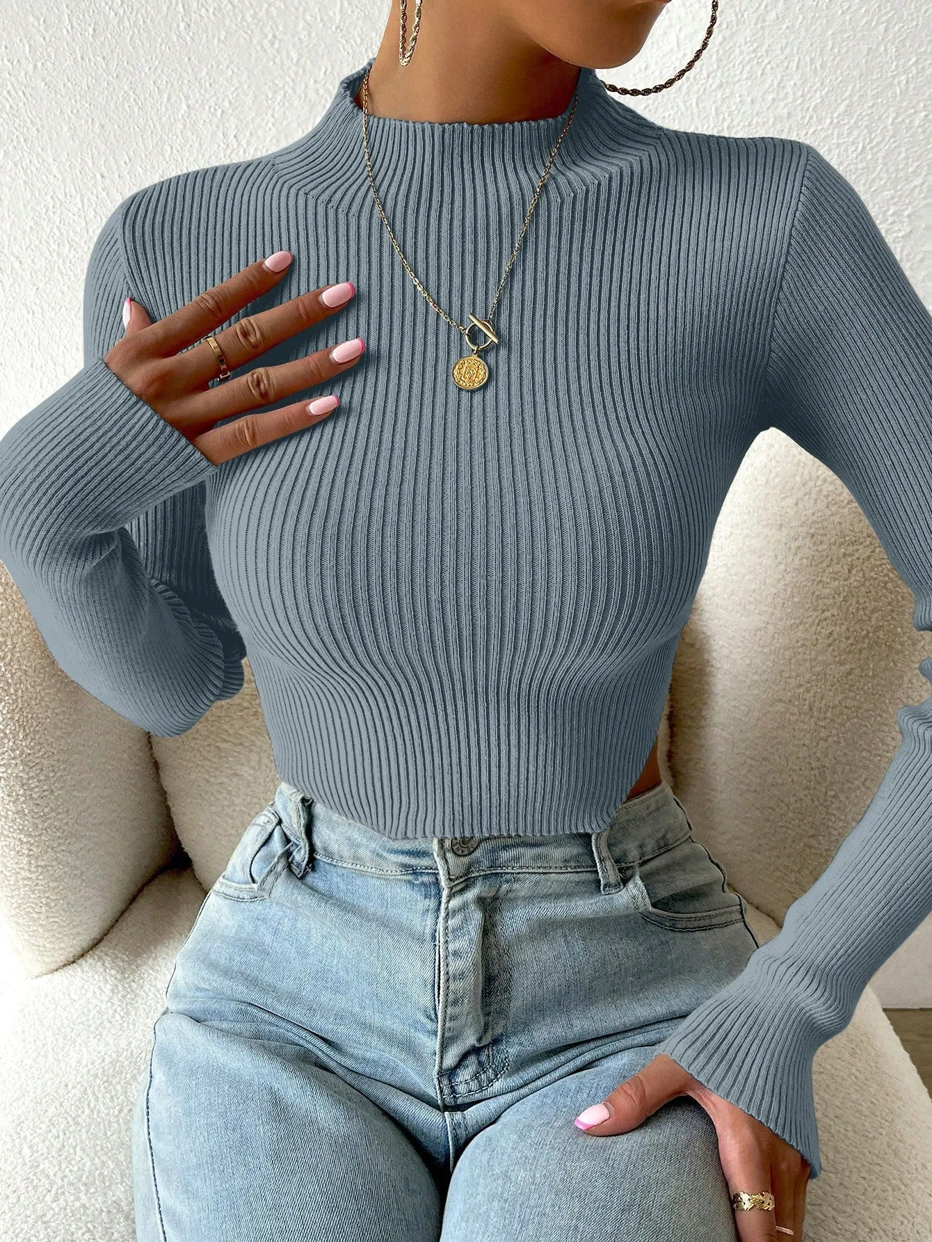 SHEIN Essnce Mock Neck Ribbed Knit Crop Sweater