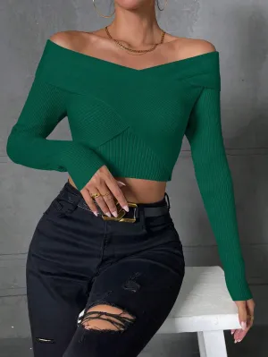 SHEIN Essnce Off Shoulder Ribbed Knit Crop Sweater