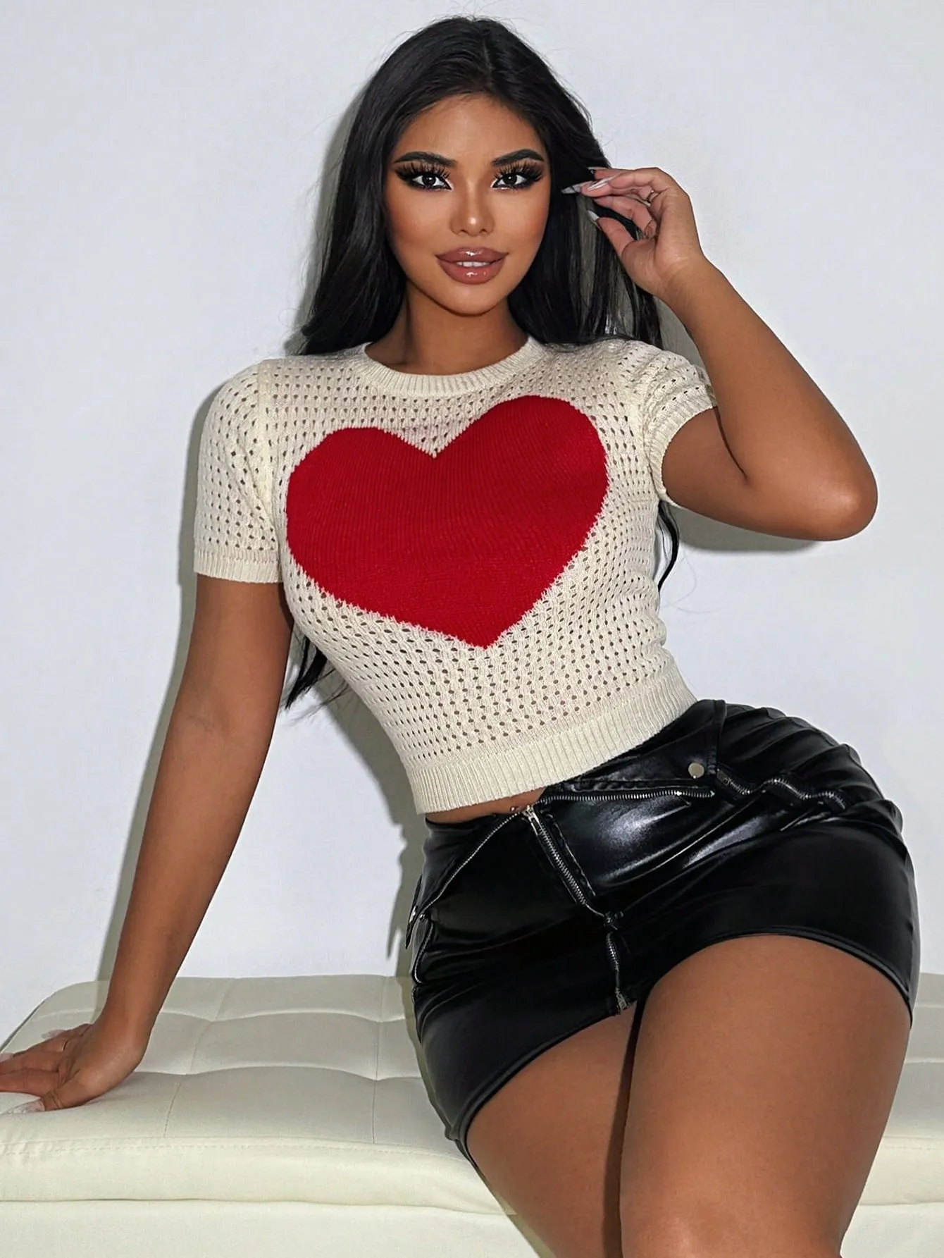 Short Sleeve Knitted Heart Crop Sweater