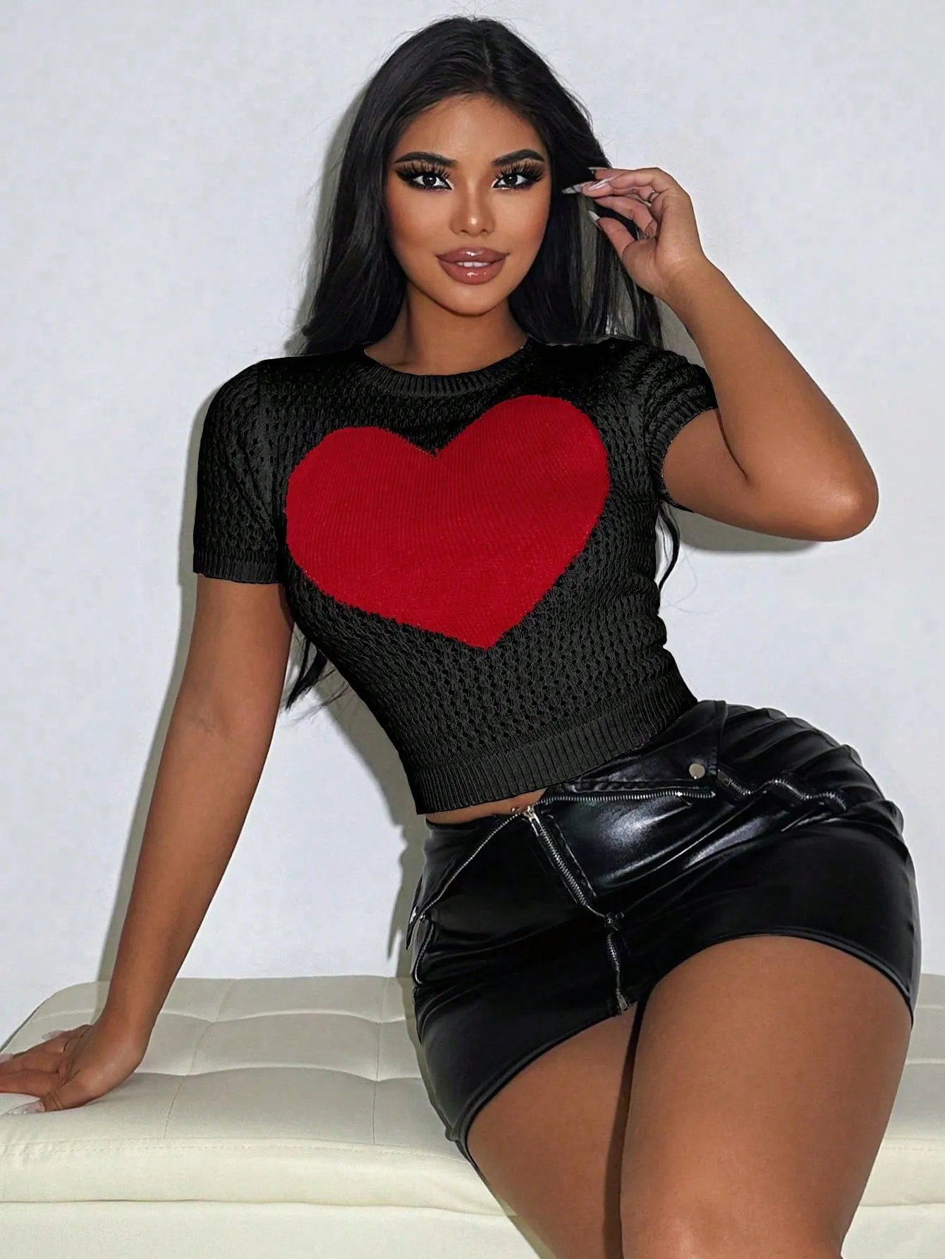 Short Sleeve Knitted Heart Crop Sweater