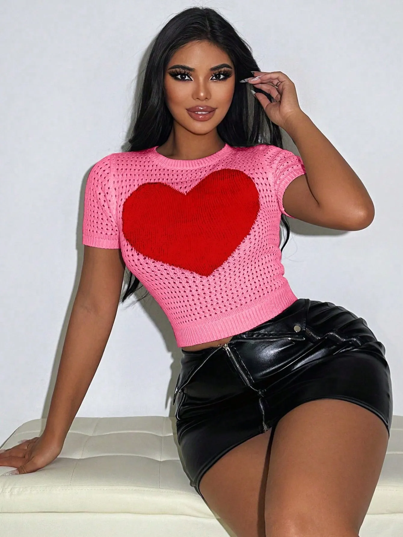 Short Sleeve Knitted Heart Crop Sweater