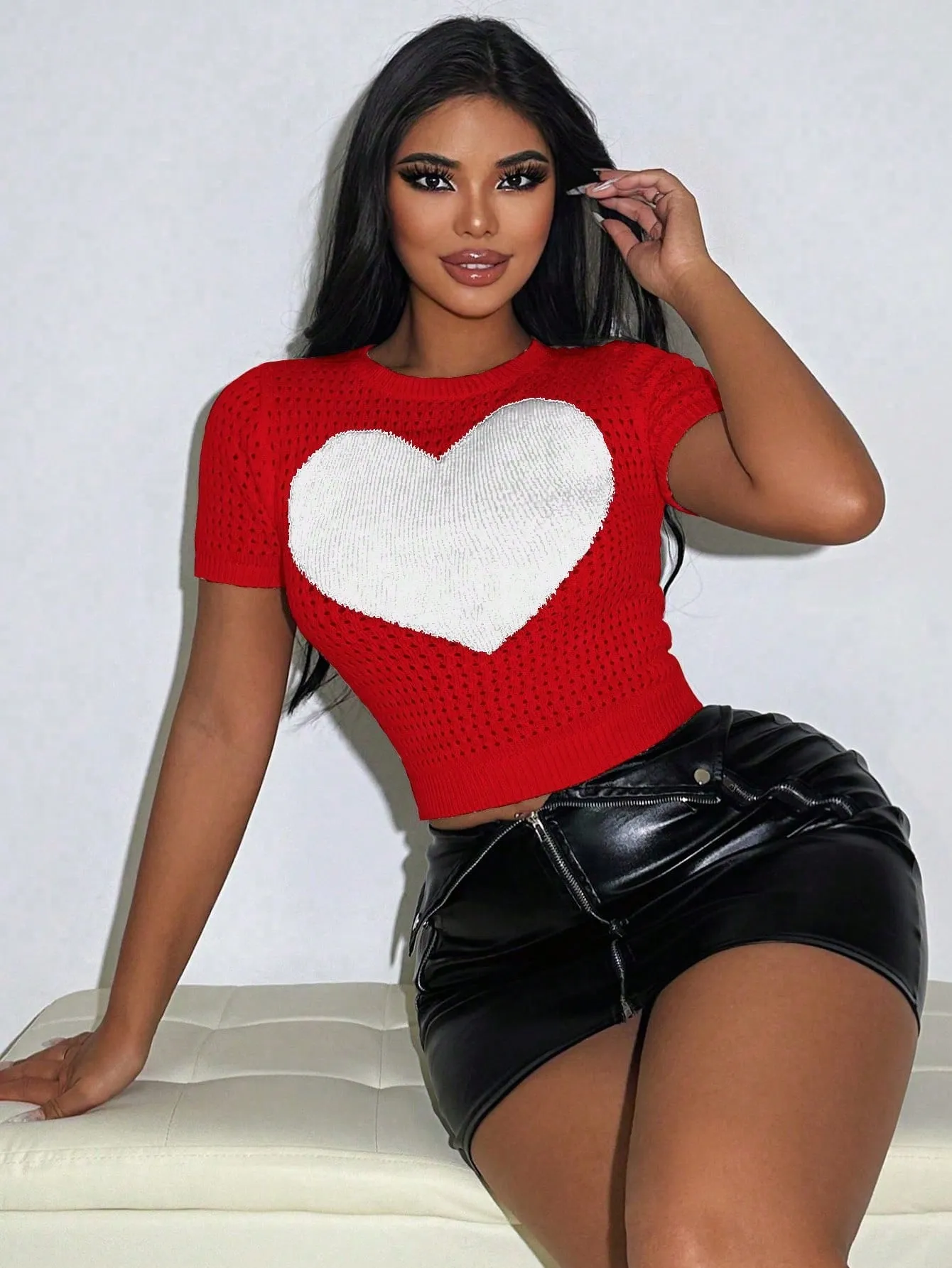 Short Sleeve Knitted Heart Crop Sweater