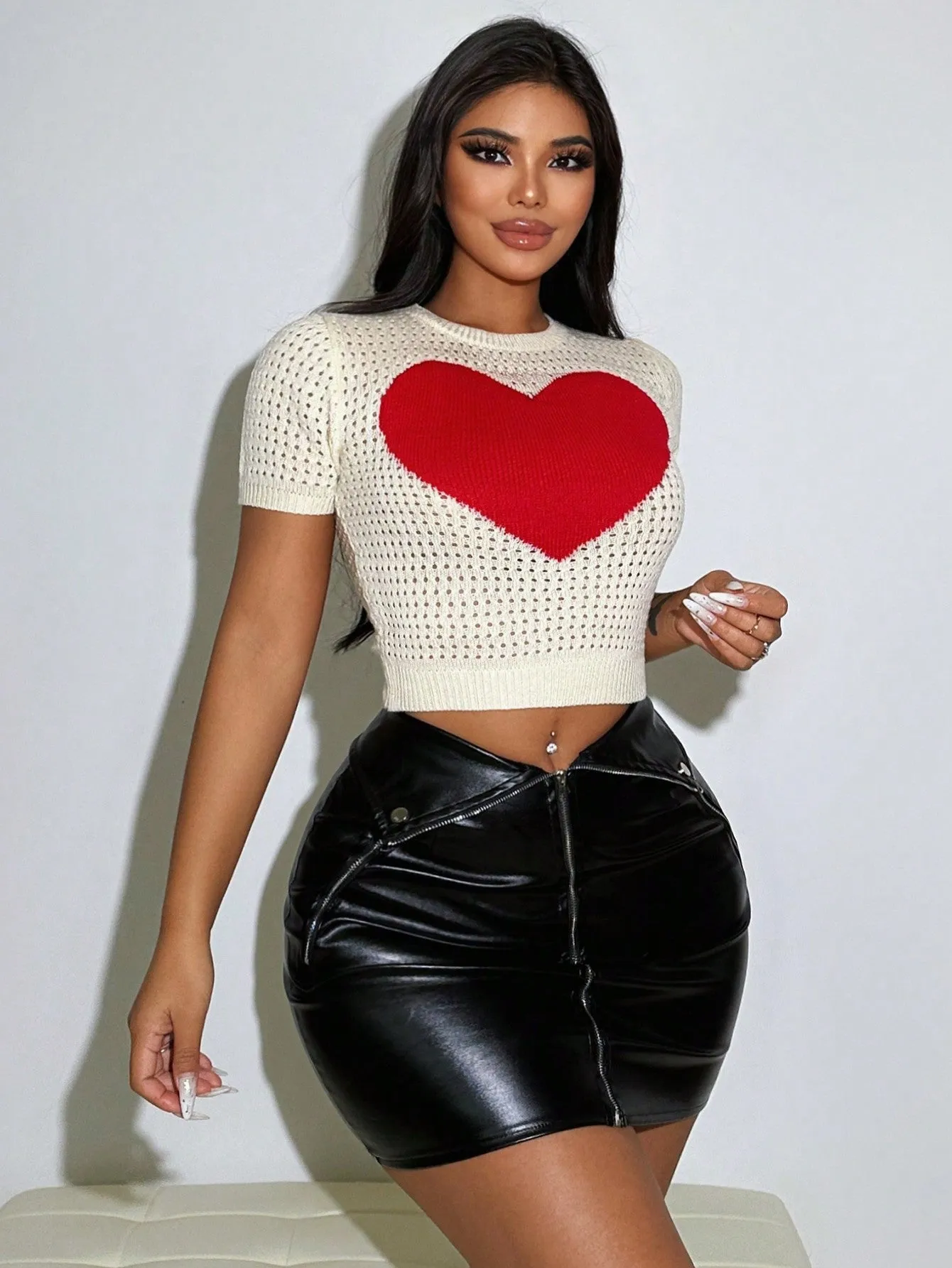 Short Sleeve Knitted Heart Crop Sweater