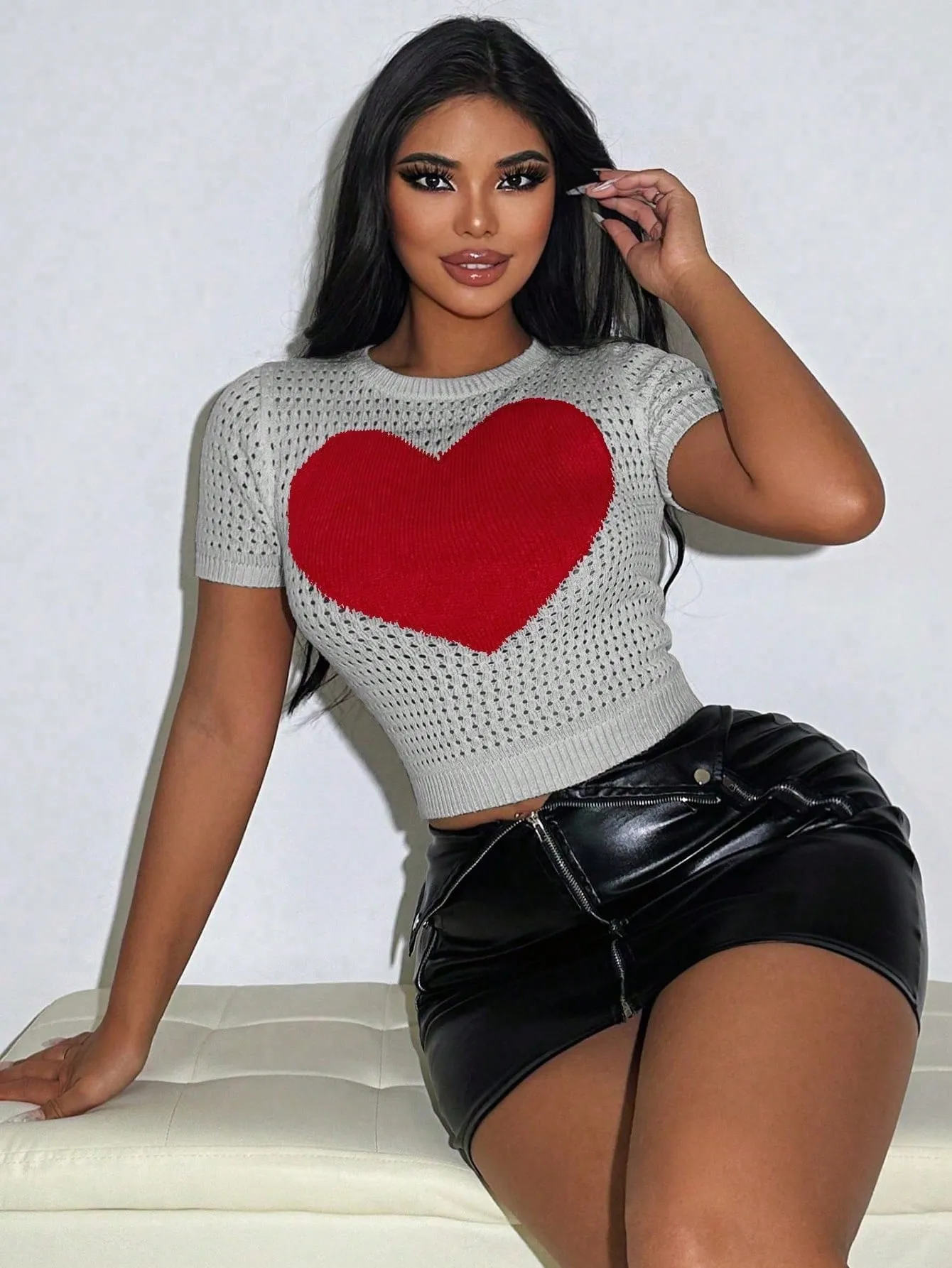 Short Sleeve Knitted Heart Crop Sweater