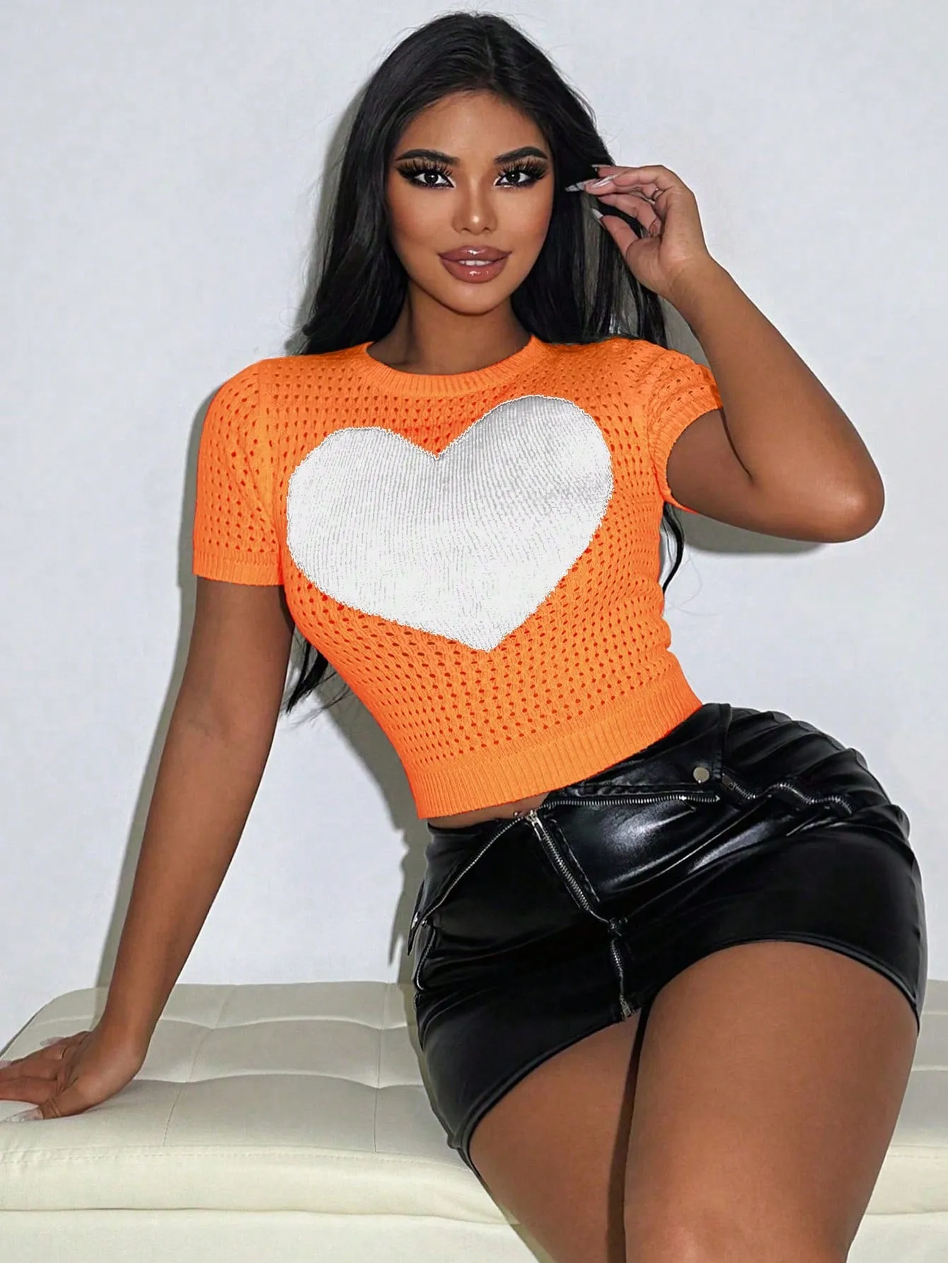 Short Sleeve Knitted Heart Crop Sweater