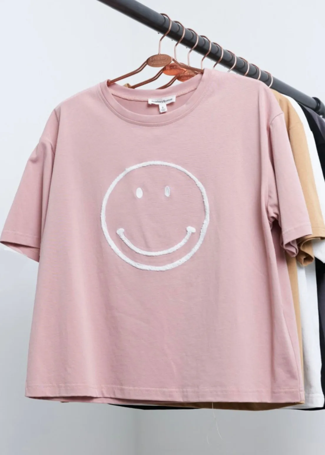 Smile, Womens, Smiley Face Tee, Pink With White Embroidery