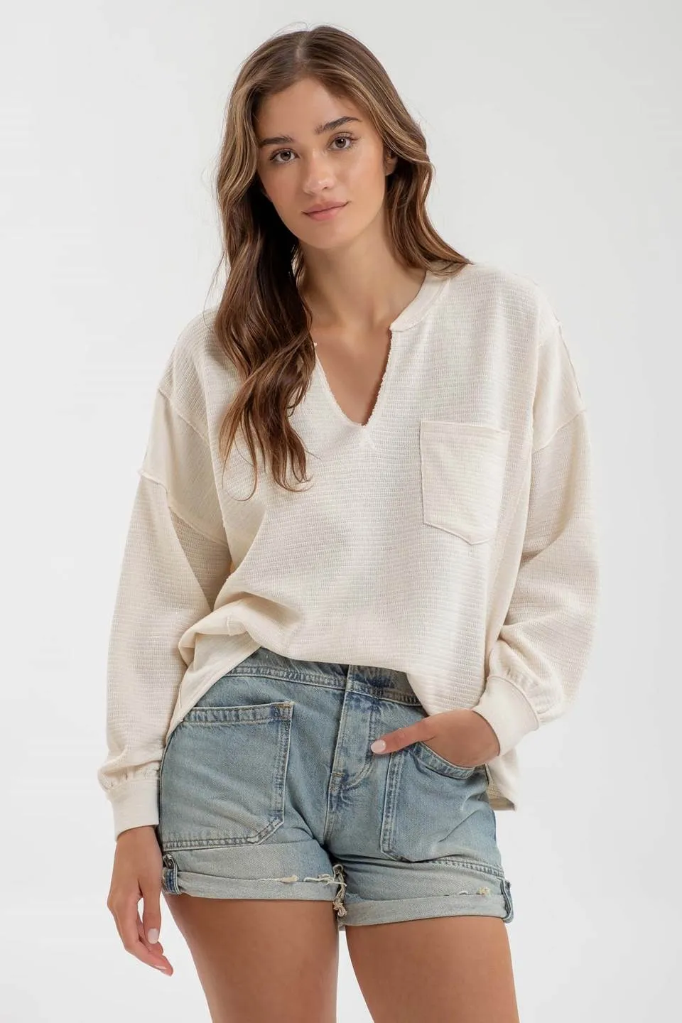 SOLID PATCHWORK SPLIT NECK KNIT TOP