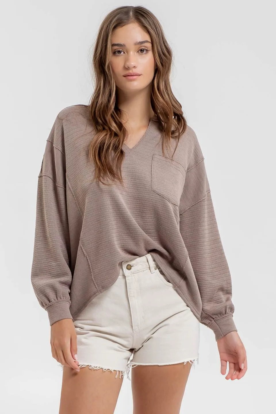 SOLID PATCHWORK SPLIT NECK KNIT TOP