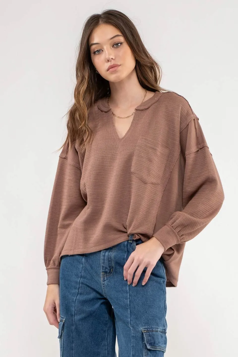 SOLID PATCHWORK SPLIT NECK KNIT TOP