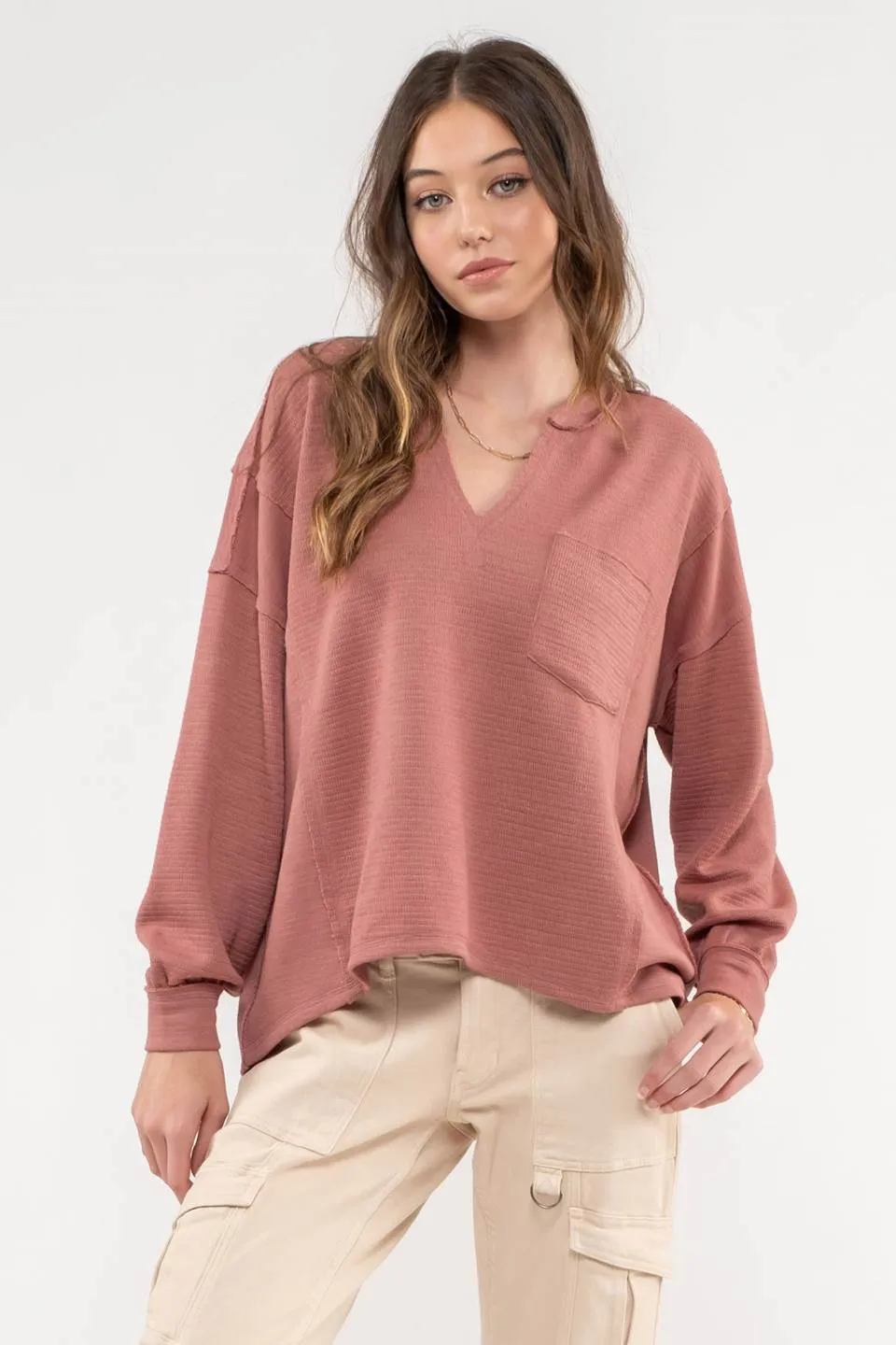 SOLID PATCHWORK SPLIT NECK KNIT TOP