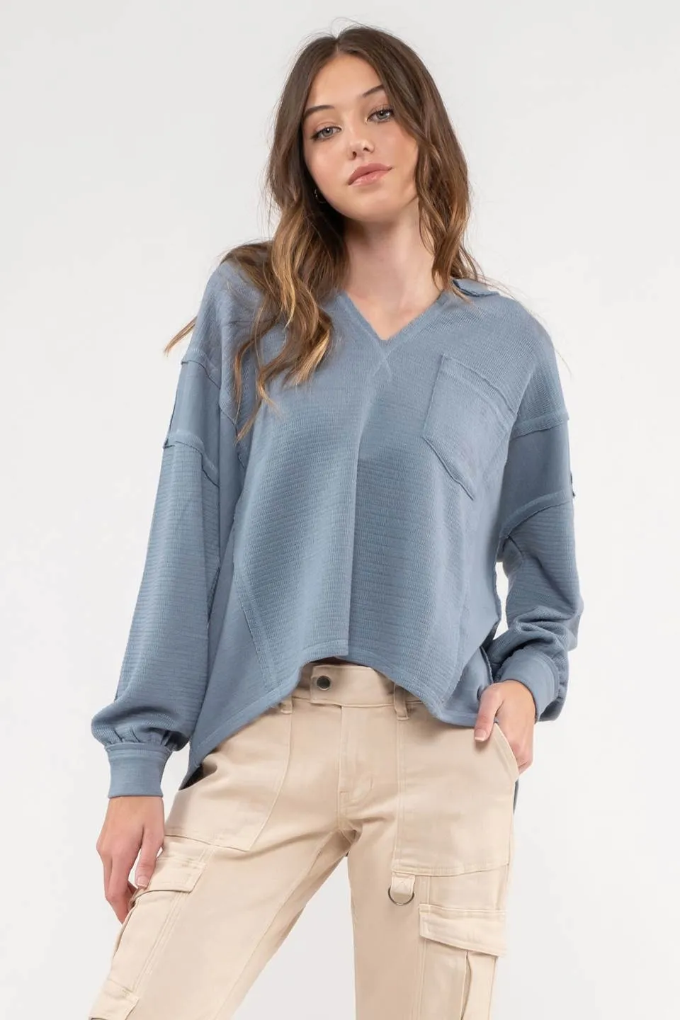 SOLID PATCHWORK SPLIT NECK KNIT TOP