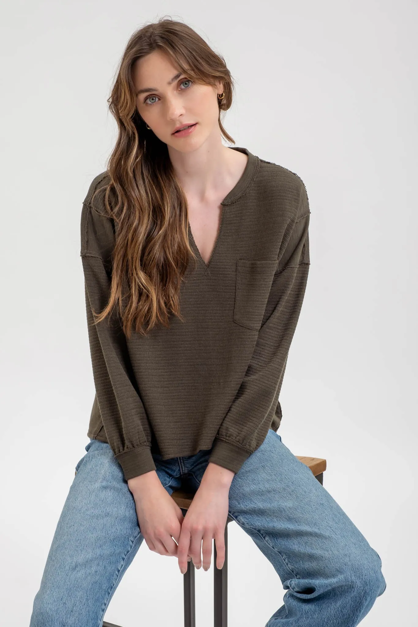 SOLID PATCHWORK SPLIT NECK KNIT TOP