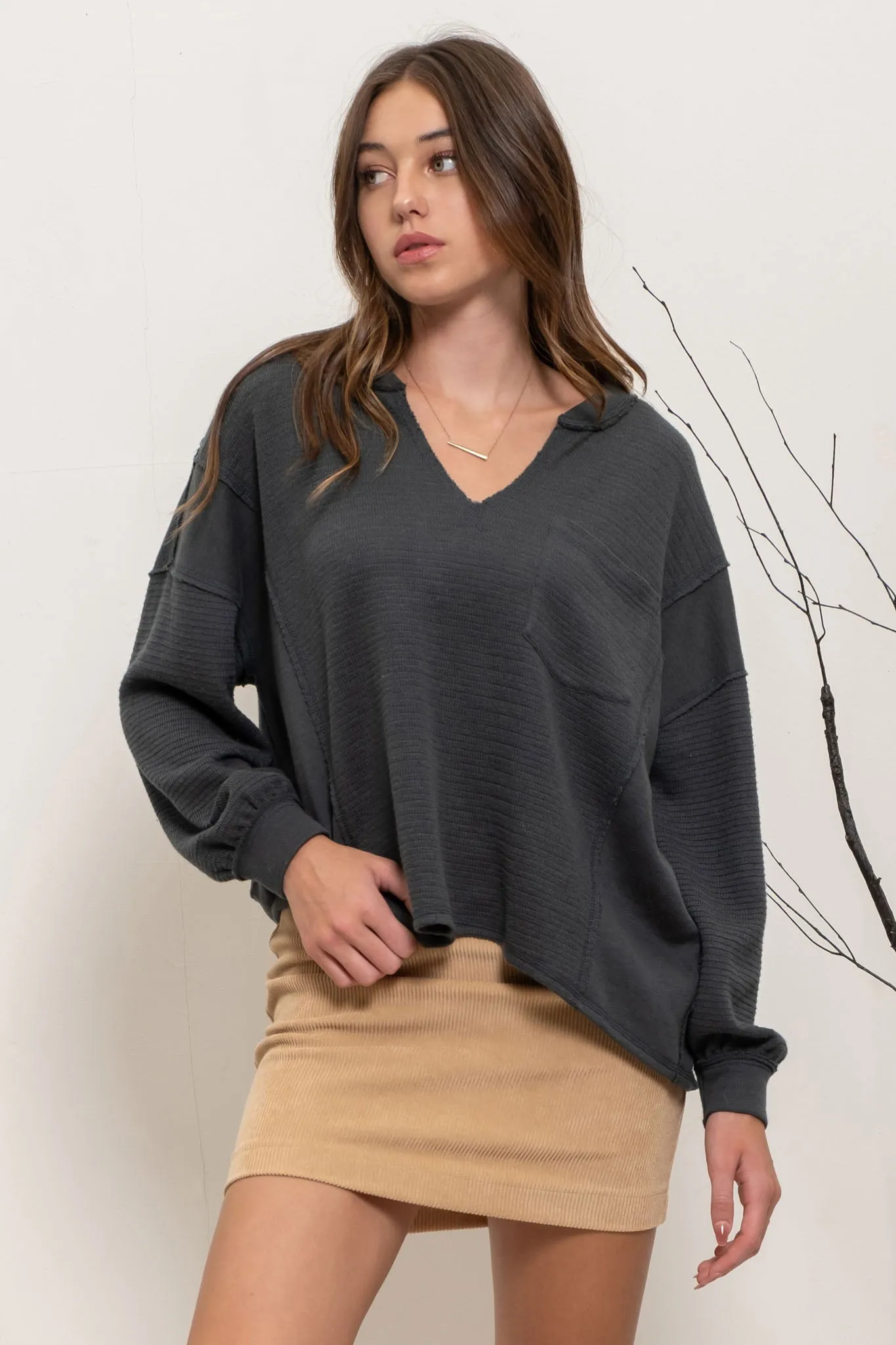 SOLID PATCHWORK SPLIT NECK KNIT TOP