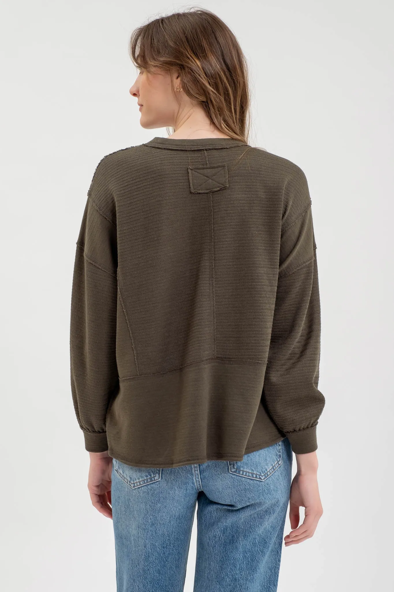 SOLID PATCHWORK SPLIT NECK KNIT TOP