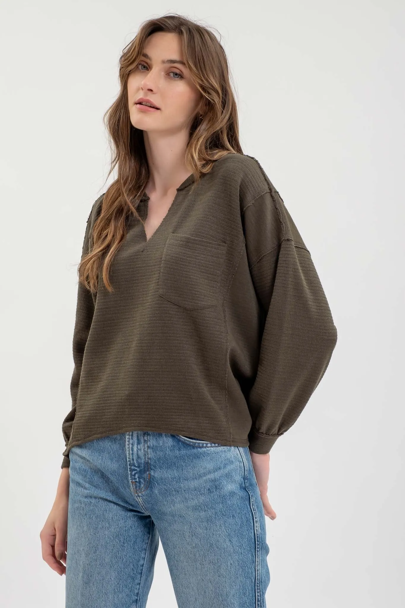 SOLID PATCHWORK SPLIT NECK KNIT TOP