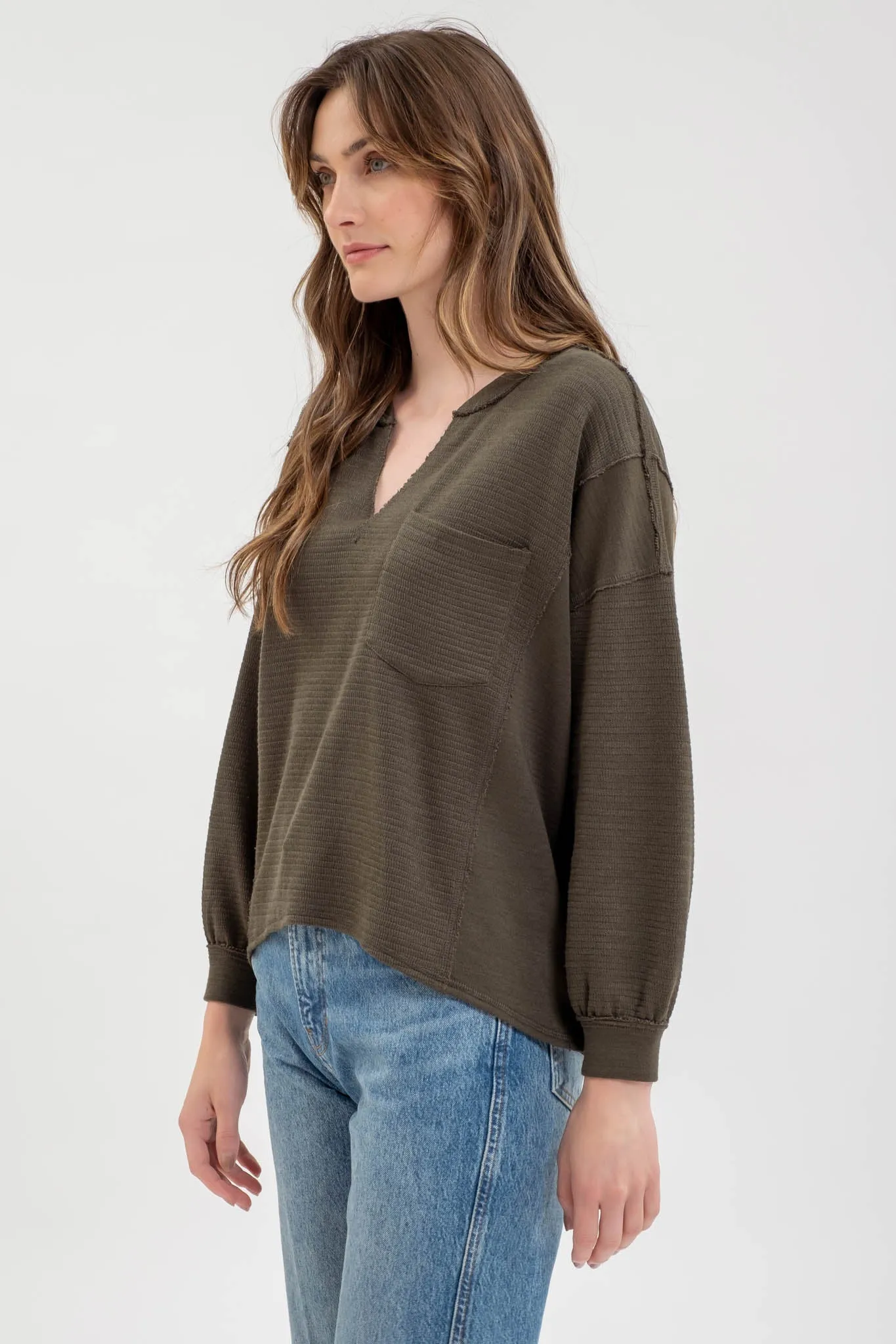 SOLID PATCHWORK SPLIT NECK KNIT TOP