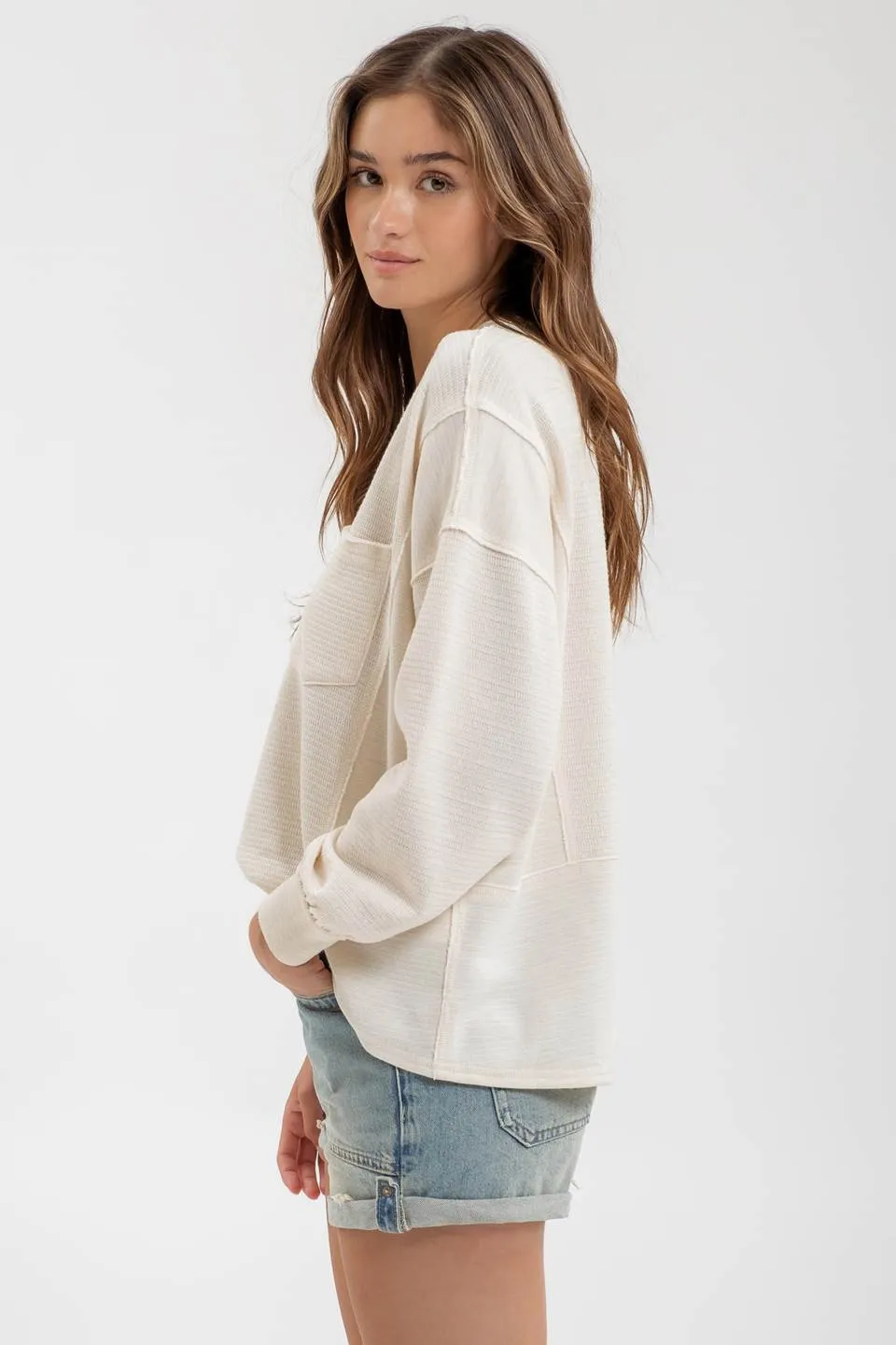 SOLID PATCHWORK SPLIT NECK KNIT TOP