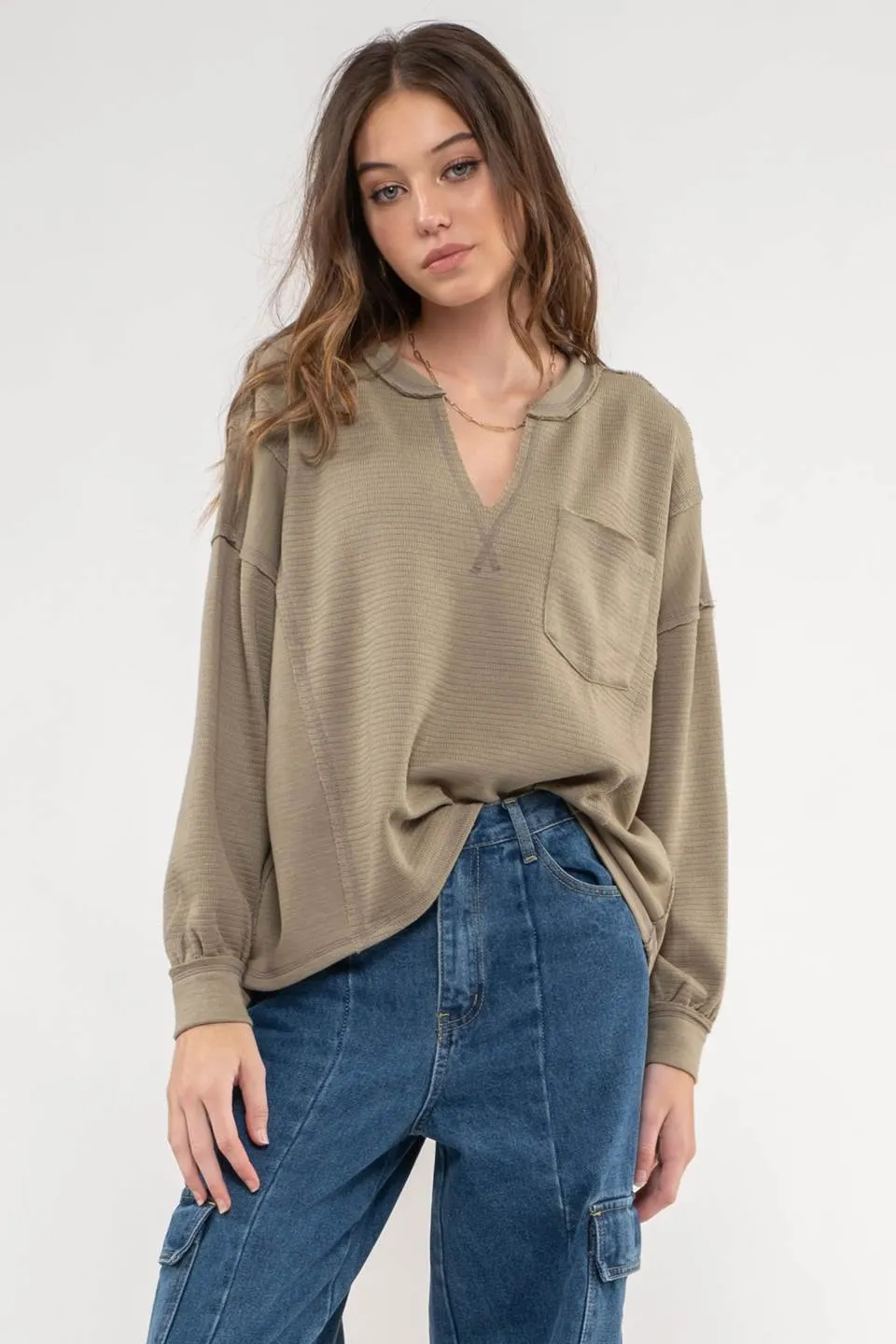 SOLID PATCHWORK SPLIT NECK KNIT TOP