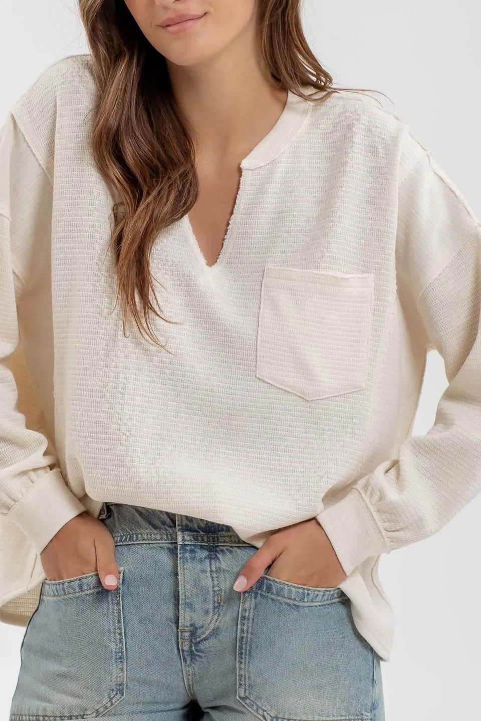 SOLID PATCHWORK SPLIT NECK KNIT TOP