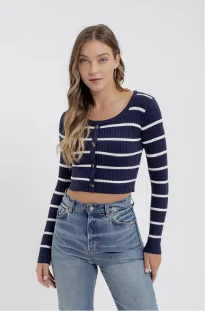 Stripe Sweater Button Down Knit Crop Top