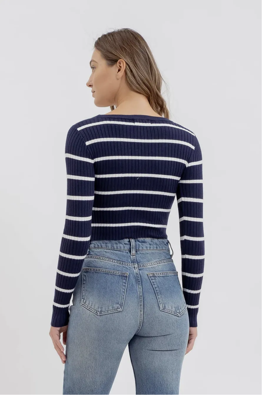 Stripe Sweater Button Down Knit Crop Top