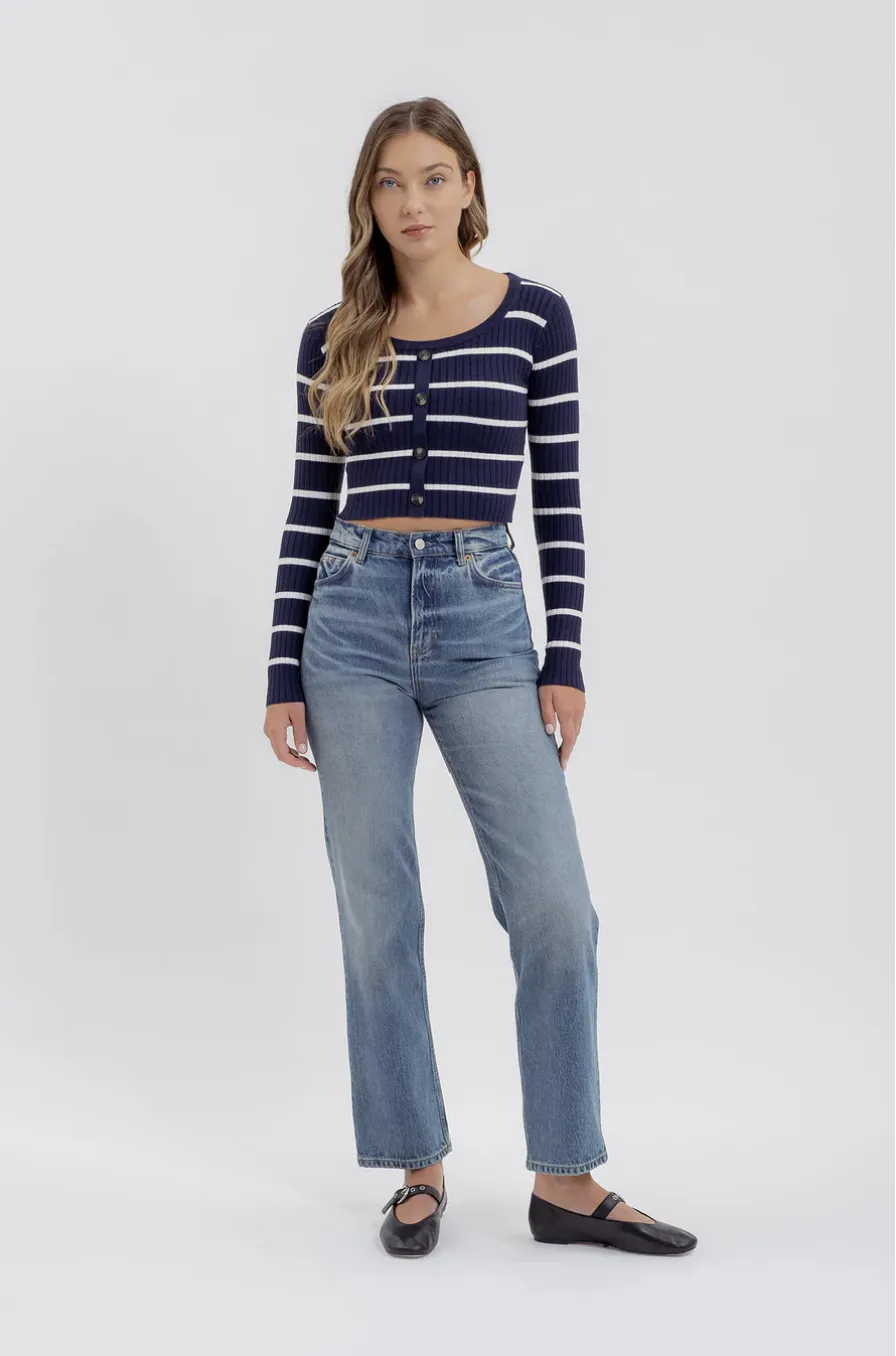 Stripe Sweater Button Down Knit Crop Top