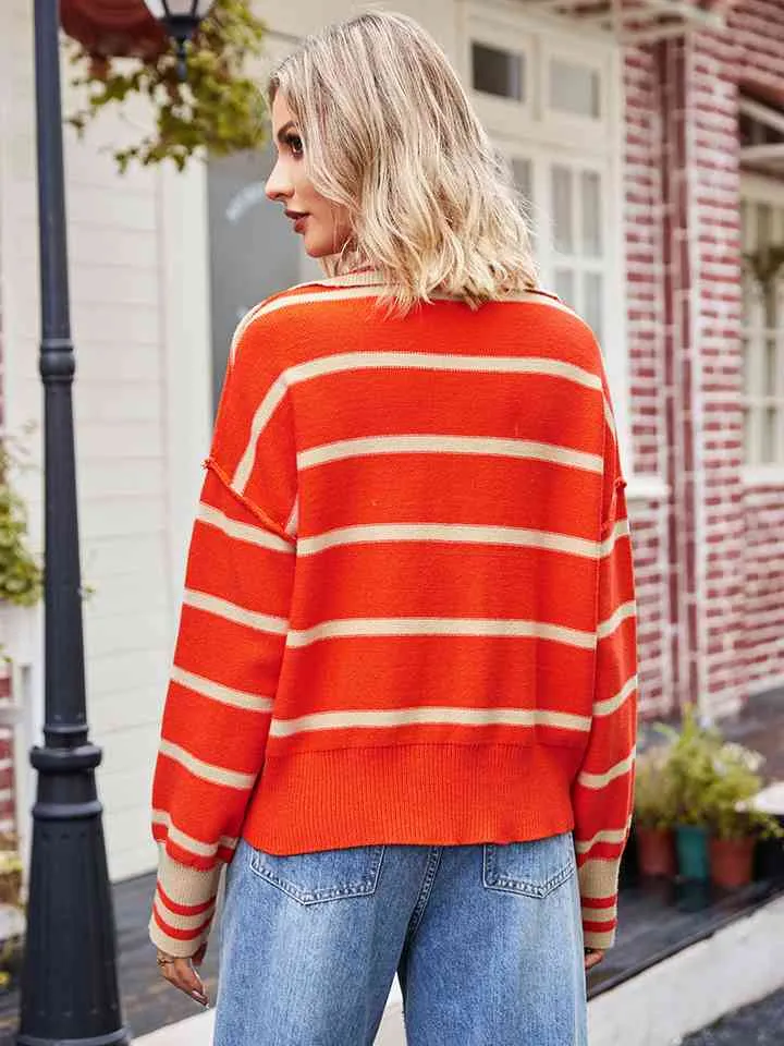 Striped Dropped Shoulder Notched Neck Knit Top