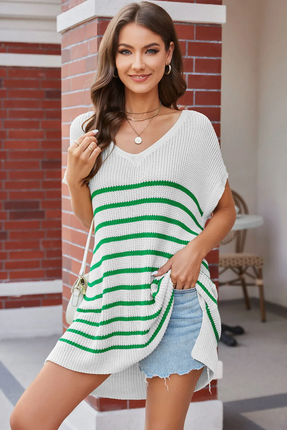 Striped V-Neck Short Sleeve Knit Top