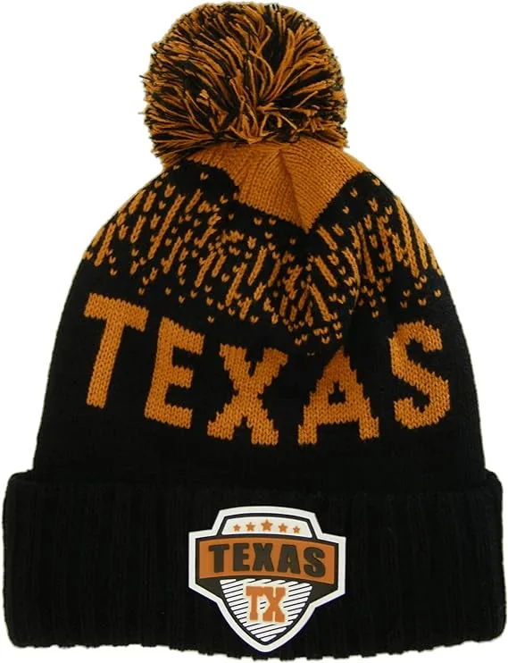 Texas Rubber Patch Ribbed Winter Knit Pom Beanie (Black/Dark Orange)