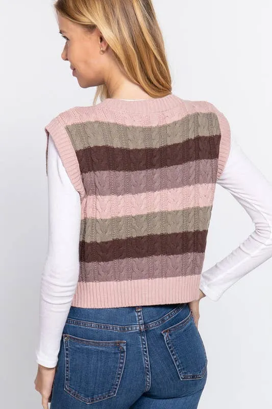 V-Neck Striped Cable Sweater Vest