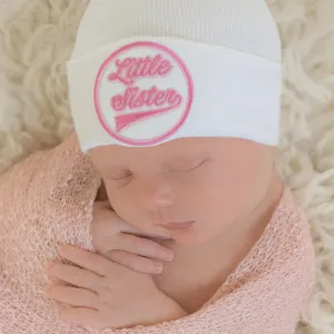 White Color Newborn Baby Girl Hospital Beanie Hat, Baseball Font - Little Brother Patch - Red and Navy Blue