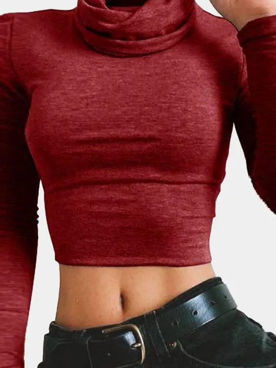 Wholesale High Neck Long Sleeve Plain Bodycon Crop Top