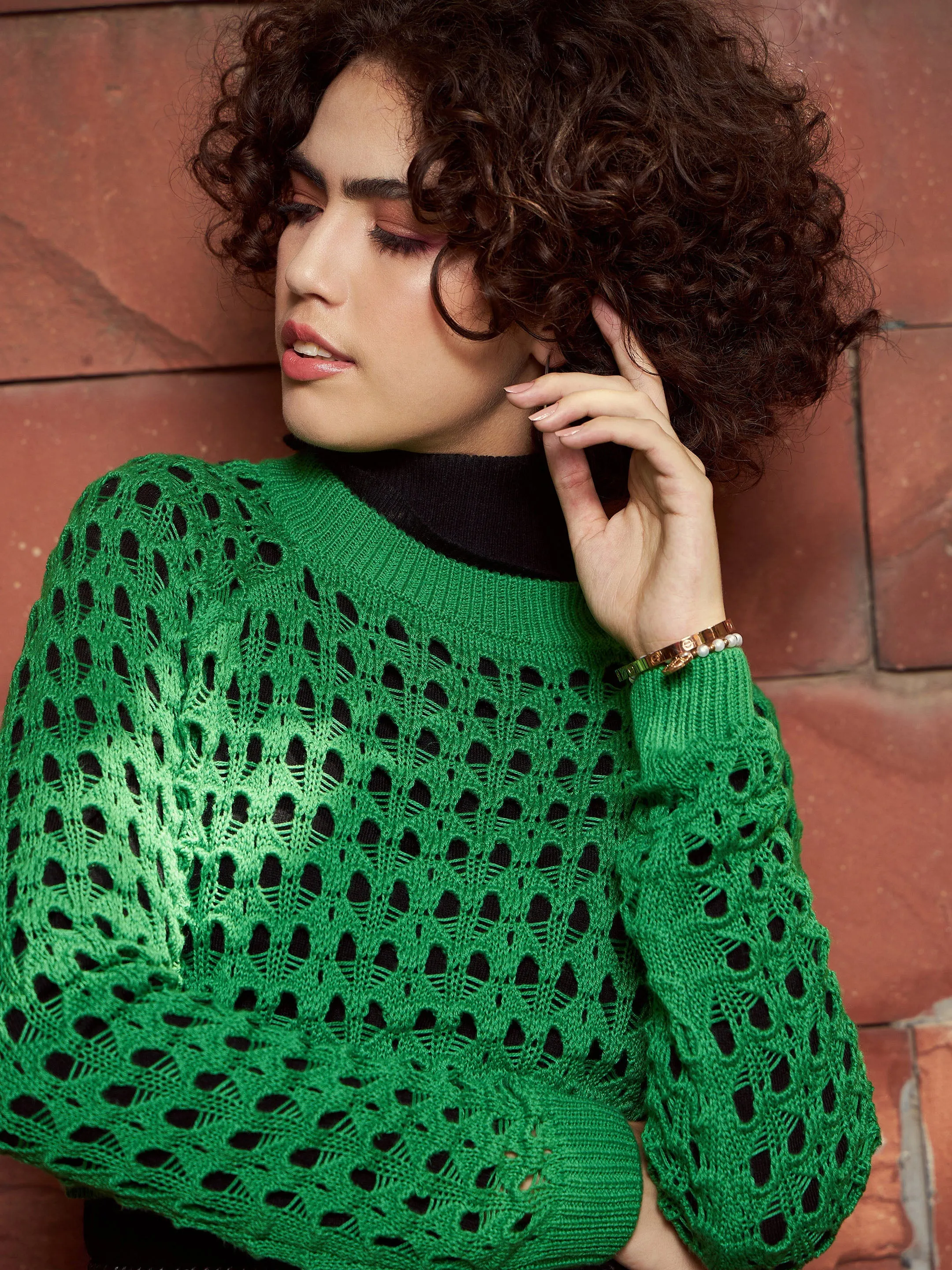 Women Green Crochet Crop Sweater Top