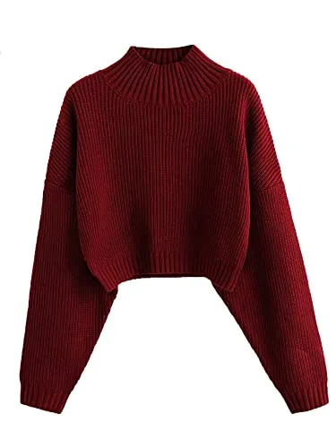 ZAFUL Women's Cropped Turtleneck Sweater Lantern Sleeve Ribbed Knit Pullover Sweater Jumper (1-Red, M)