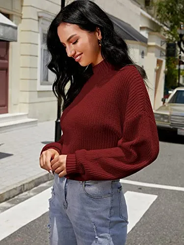 ZAFUL Women's Cropped Turtleneck Sweater Lantern Sleeve Ribbed Knit Pullover Sweater Jumper (1-Red, M)