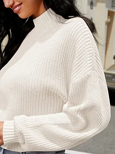 ZAFUL Women's Cropped Turtleneck Sweater Lantern Sleeve Ribbed Knit Pullover Sweater Jumper (1-White, M)