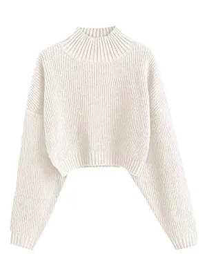 ZAFUL Women's Cropped Turtleneck Sweater Lantern Sleeve Ribbed Knit Pullover Sweater Jumper (1-White, M)