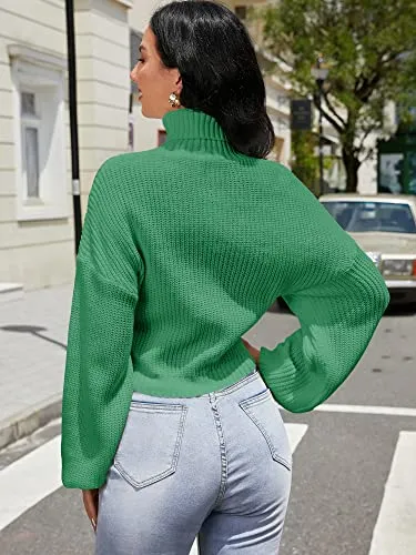 ZAFUL Women's Cropped Turtleneck Sweater Lantern Sleeve Ribbed Knit Pullover Sweater Jumper (2-Sea Green, M)