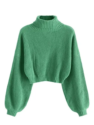 ZAFUL Women's Cropped Turtleneck Sweater Lantern Sleeve Ribbed Knit Pullover Sweater Jumper (2-Sea Green, M)