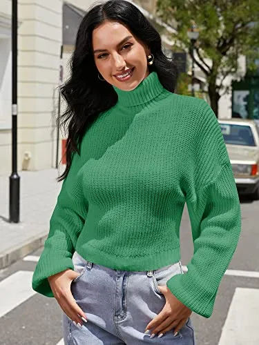 ZAFUL Women's Cropped Turtleneck Sweater Lantern Sleeve Ribbed Knit Pullover Sweater Jumper (2-Sea Green, M)